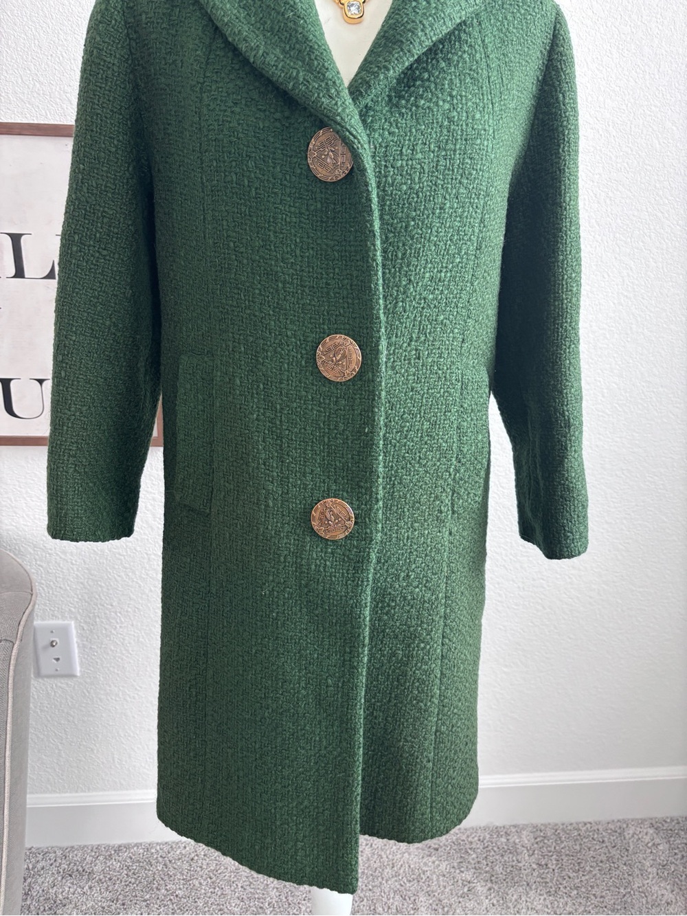 Vintage Emerald Green Textured Long Cardigan Coat